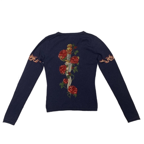 Raw7 Women's Cashmere V-Neck Sweater Skullwing with Embroiderey - Nacy - Picture 2 of 4